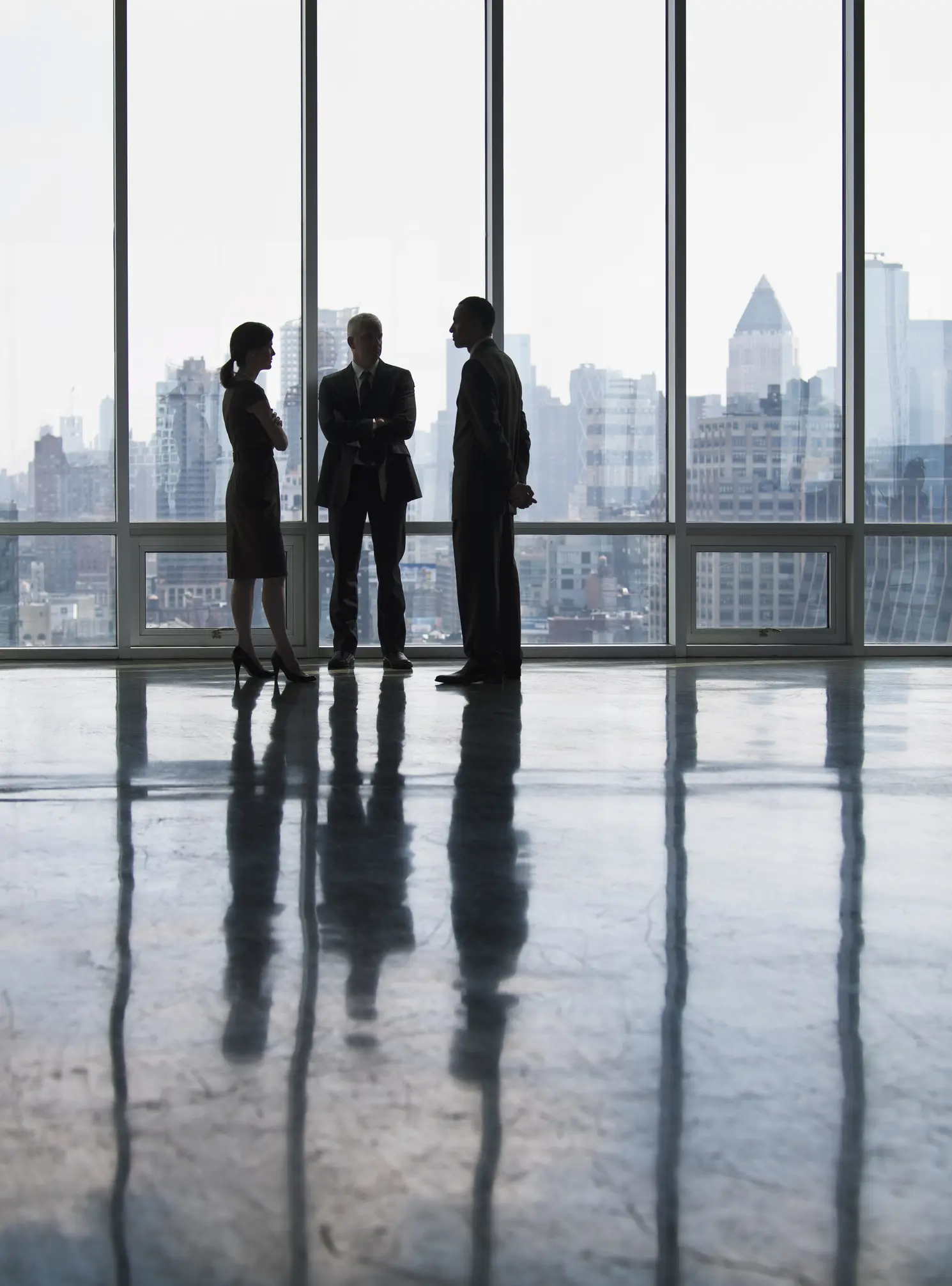 Silhouettes of business team near windwos